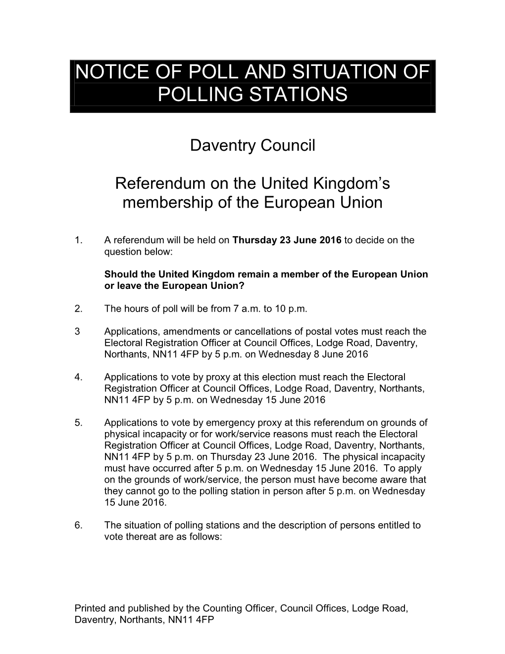Notice of Poll and Situation of Polling Stations Referendum
