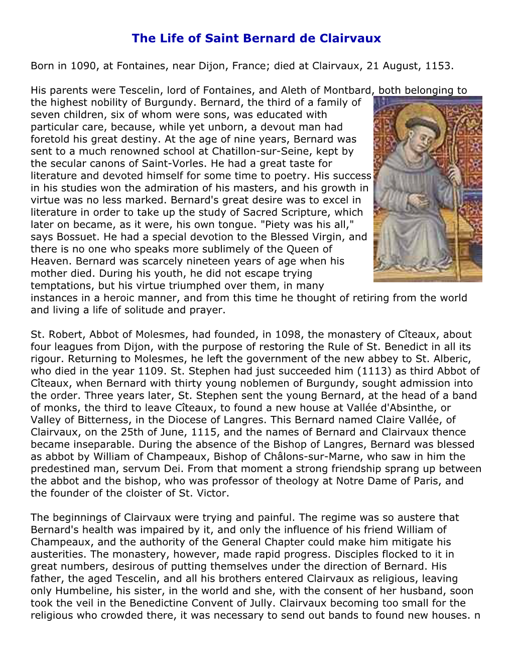 The Life of Saint Bernard De Clairvaux
