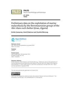 Preliminary Data on the Exploitation of Marine Malacofauna by the Iberomaurusian Groups of the Abri Alain Rock Shelter (Oran, Algeria)