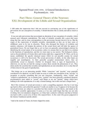 General Theory of the Neuroses XXI. Development of the Libido and Sexual Organizations