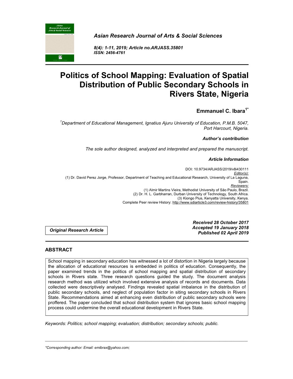 Evaluation of Spatial Distribution of Public Secondary Schools in Rivers State, Nigeria