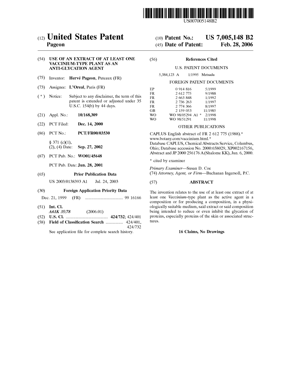 (12) United States Patent (10) Patent No.: US 7,005,148 B2 Pageon (45) Date of Patent: Feb