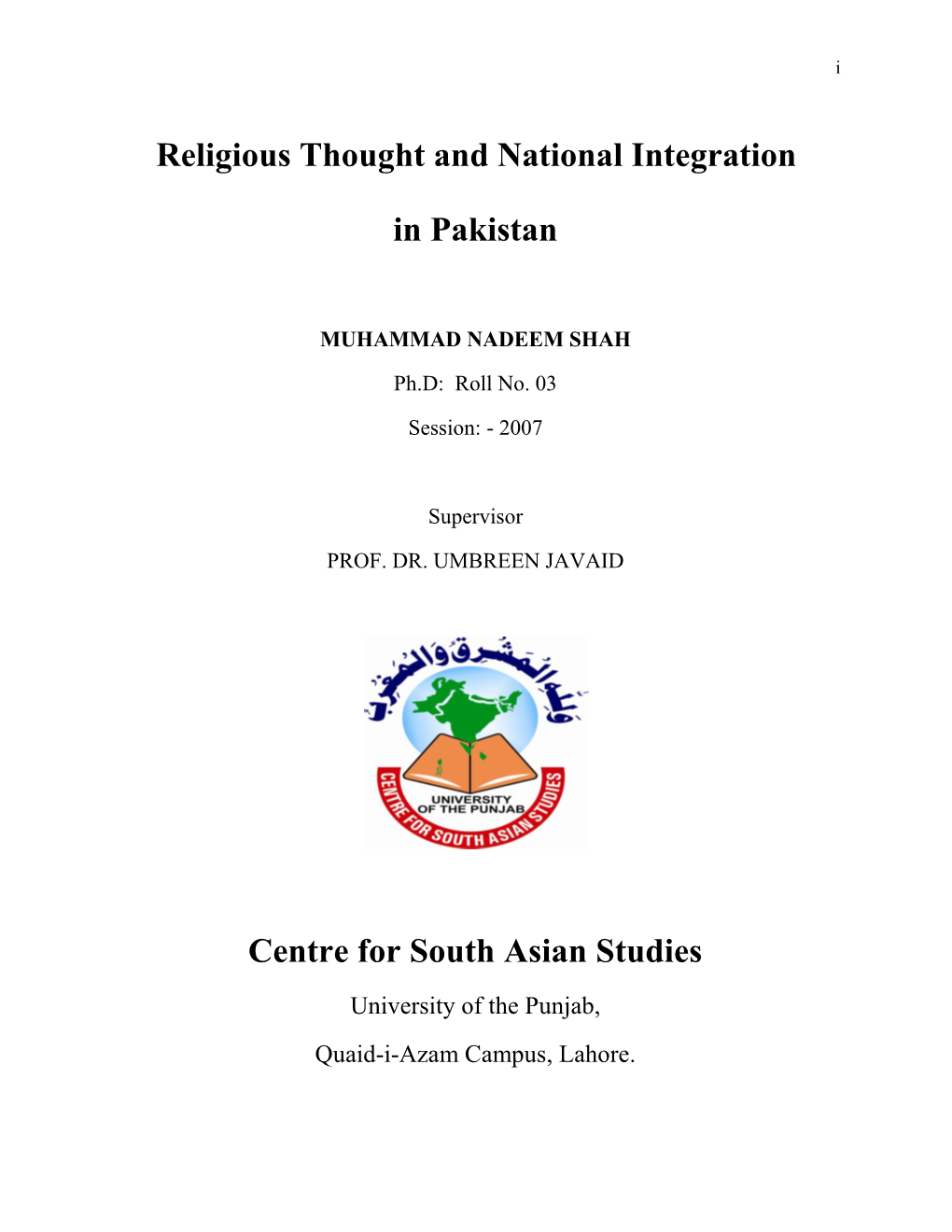 Religious Thought and National Integration in Pakistan Centre For