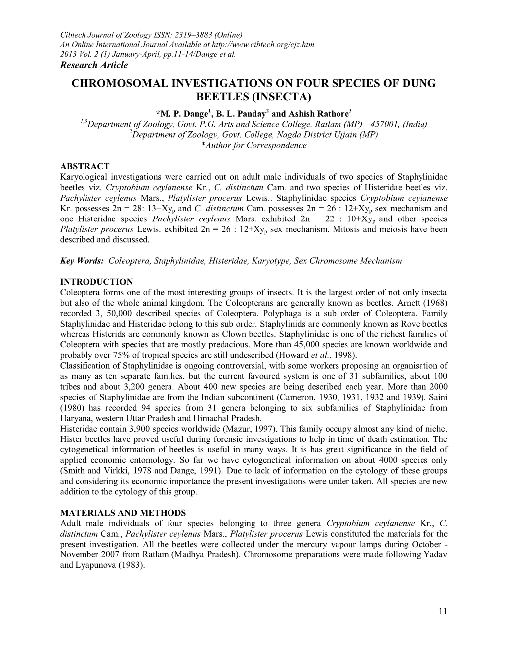 Chromosomal Investigations on Four Species of Dung Beetles (Insecta)