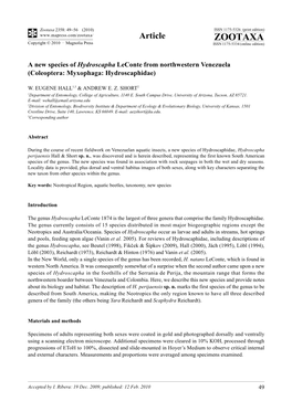 Zootaxa, a New Species of Hydroscapha Leconte From