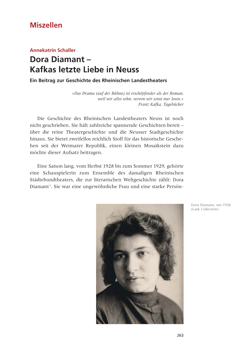 Dora Diamant – Kafkas Letzte Liebe in Neuss Ein Beitrag Zur Geschichte Des Rheinischen Landestheaters