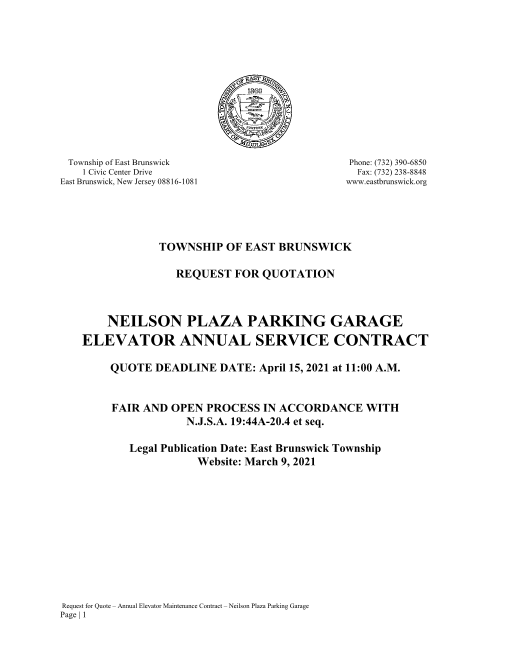 Neilson Plaza Parking Garage Elevator Annual Service Contract