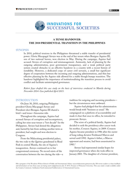 A Tense Handover: the 2010 Presidential Transition in the Philippines Synopsis Introduction