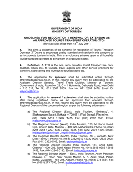 Government of India Ministry of Tourism Guidelines for Recognition / Renewal Or Extension As an Approved Tourist Transport Opera