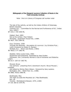 Bibliography of the Margaret Laurence Collection of Books in the Trent University Archives