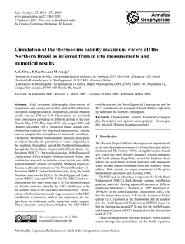 Circulation of the Thermocline Salinity Maximum Waters Off the Northern Brazil As Inferred from in Situ Measurements and Numerical Results