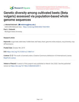 Genetic Diversity Among Cultivated Beets (Beta Vulgaris) Assessed Via Population-Based Whole Genome Sequences