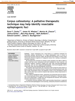 Corpus Callosotomy: a Palliative Therapeutic Technique May Help Identify Resectable Epileptogenic Foci