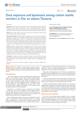 Dust Exposure and Byssinosis Among Cotton Textile Workers in Dar Es Salaam, Tanzania