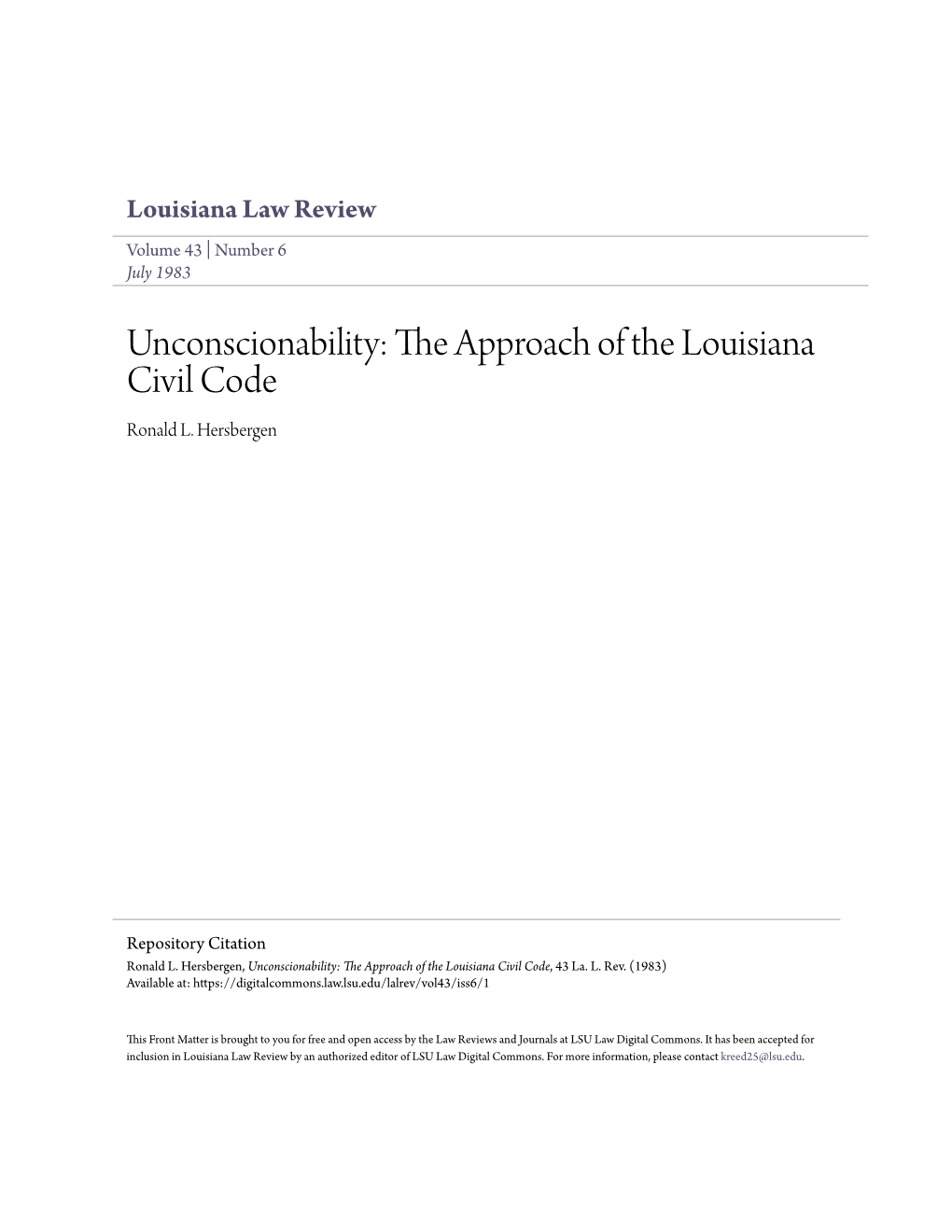 Unconscionability: the Approach of the Louisiana Civil Code Ronald L