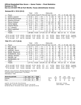 Official Basketball Box Score -- Game Totals -- Final Statistics Kansas Vs TCU 02/11/19 8:07 PM at Fort Worth, Texas (Schollmaier Arena)
