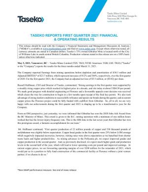 Taseko Reports First Quarter 2021 Financial & Operating Results