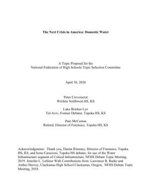 The Next Crisis in America: Domestic Water a Topic Proposal For