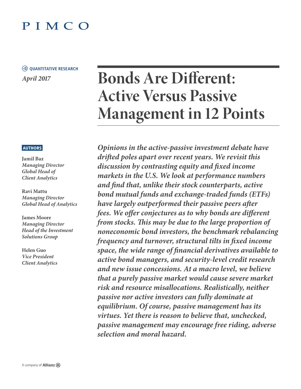 Bonds Are Different: Active Versus Passive Management in 12 Points