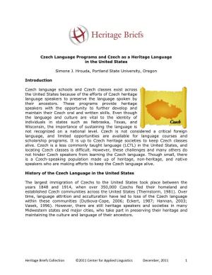 Czech Language Programs and Czech As a Heritage Language in the United States