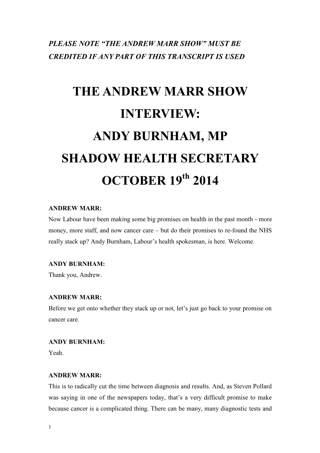 THE ANDREW MARR SHOW INTERVIEW: ANDY BURNHAM, MP SHADOW HEALTH SECRETARY OCTOBER 19Th 2014