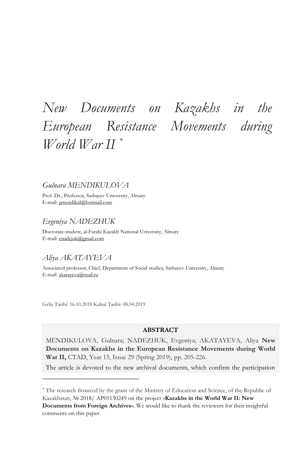 New Documents on Kazakhs in the European Resistance Movements During World War II *