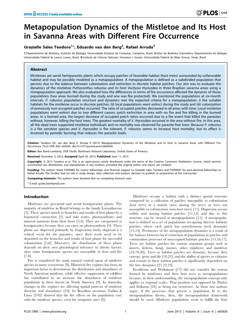 Metapopulation Dynamics of the Mistletoe and Its Host in Savanna Areas with Different Fire Occurrence