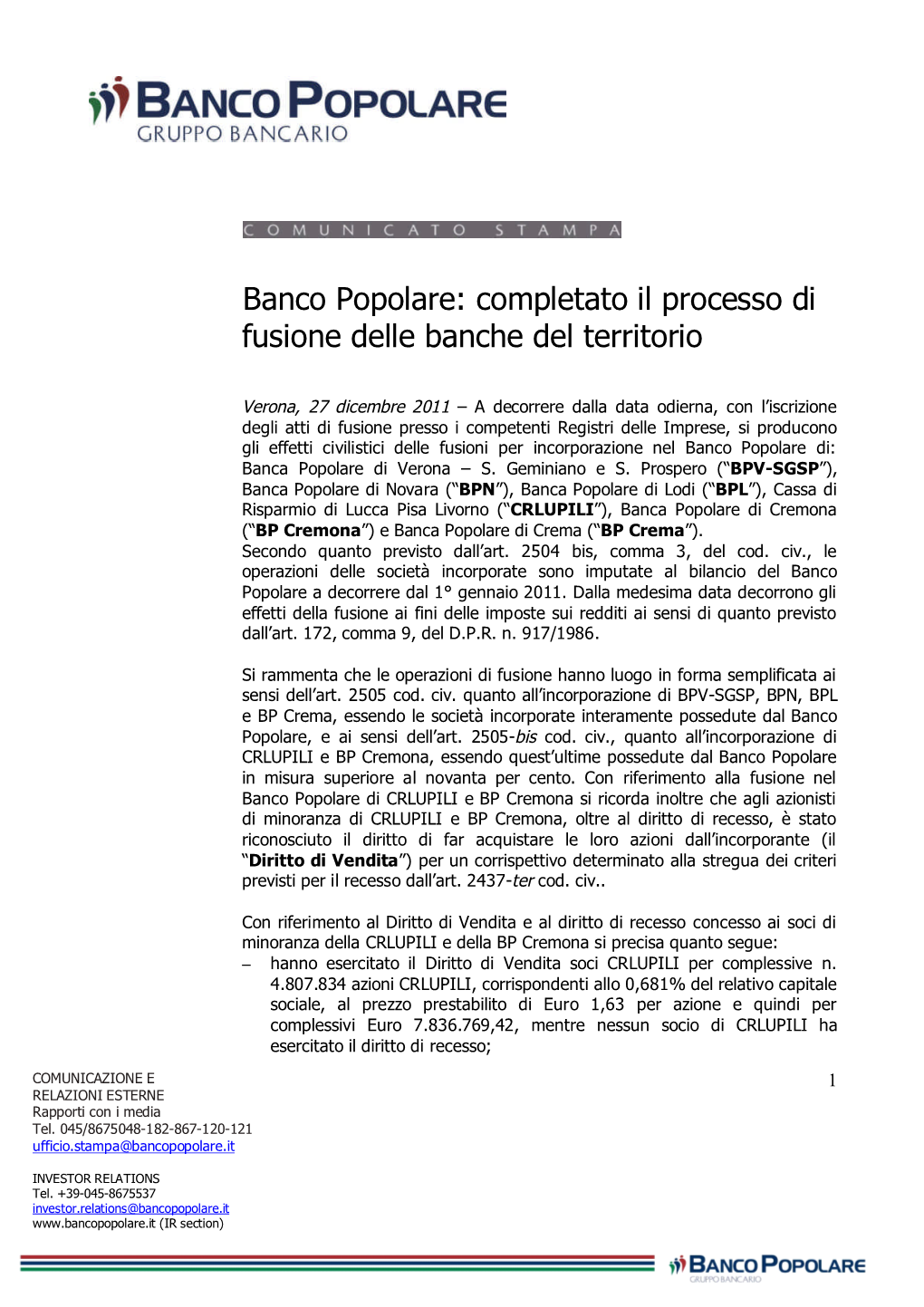 Completato Il Processo Di Fusione Delle Banche Del Territorio