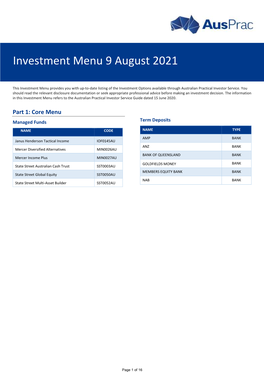 Investment Menu 9 August 2021