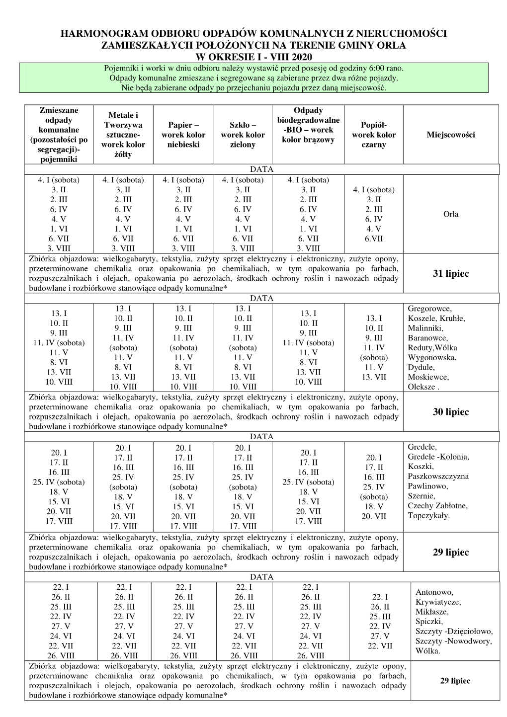 HARMONOGRAM ODBIORU ODPADÓW W GMINIE ORLA Na