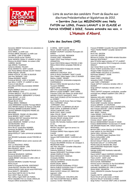 Liste De Soutien Des Candidats Front De Gauche Aux Élections Présidentielles Et Législatives De 2012