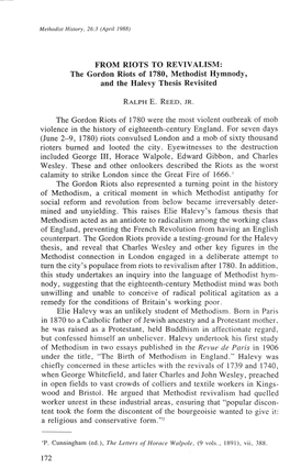 FROM RIOTS to REVIVALISM: the Gordon Riots of 1780, Methodist Hymnody, and the Halevy Thesis Revisited