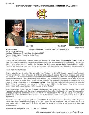 Alumna Cricketer Anjum Chopra Inducted As Member MCC London
