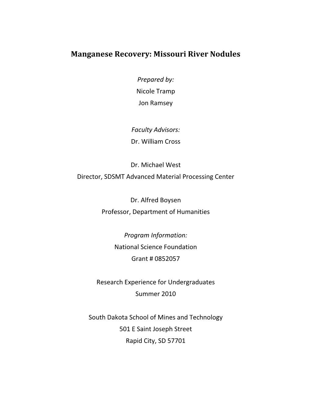 Manganese Recovery: Missouri River Nodules