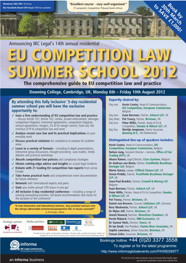 EU COMPETITION LAW SUMMER SCHOOL 2012 the Comprehensive Guide to EU Competition Law and Practice Downing College, Cambridge, UK, Monday 6Th – Friday 10Th August 2012