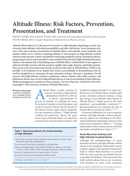 Altitude Illness: Risk Factors, Prevention, Presentation, and Treatment DAVID C