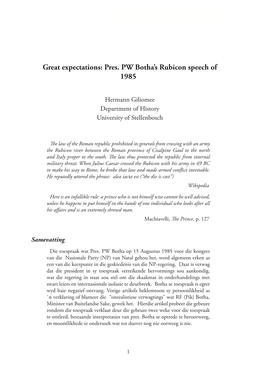 Great Expectations: Pres. PW Botha's Rubicon Speech of 1985