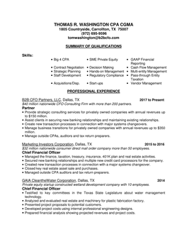 THOMAS R. WASHINGTON CPA CGMA 1805 Countryside, Carrollton, TX 75007 (972) 695-9596 Tomwashington@B2bcfo.Com