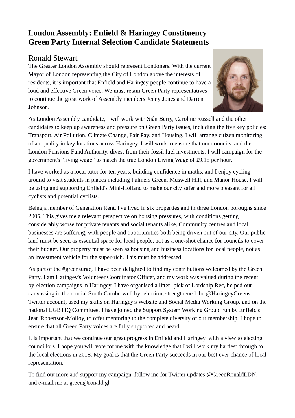 London Assembly: Enfield & Haringey Constituency Green Party Internal Selection Candidate Statements Ronald Stewart