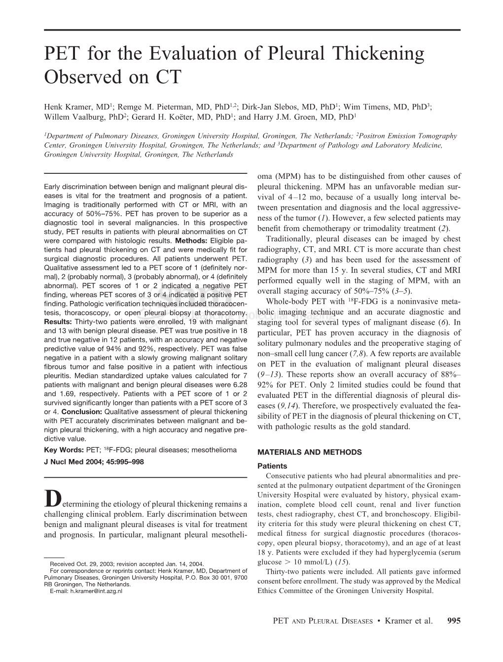 PET for the Evaluation of Pleural Thickening Observed on CT