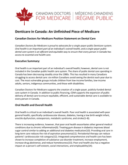 Denticare in Canada: an Unfinished Piece of Medicare