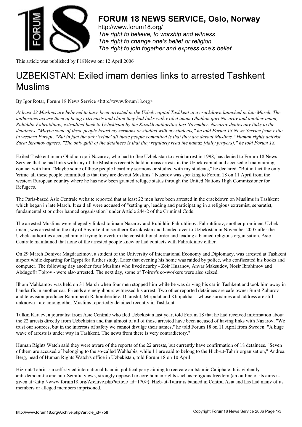 Exiled Imam Denies Links to Arrested Tashkent Muslims