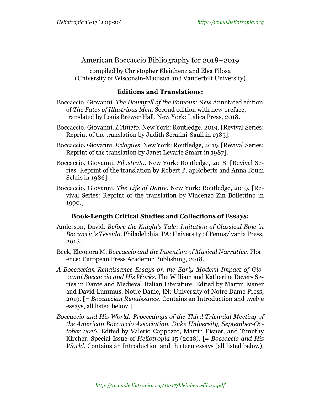 American Boccaccio Bibliography for 2018-2019