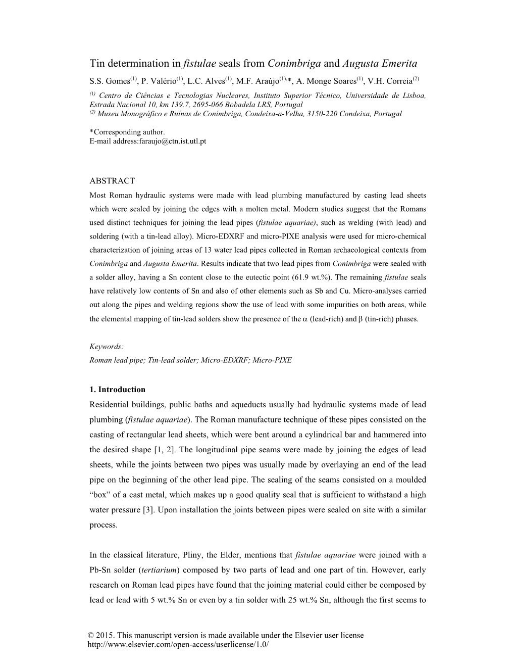 Tin Determination in Fistulae Seals from Conimbriga and Augusta Emerita S.S