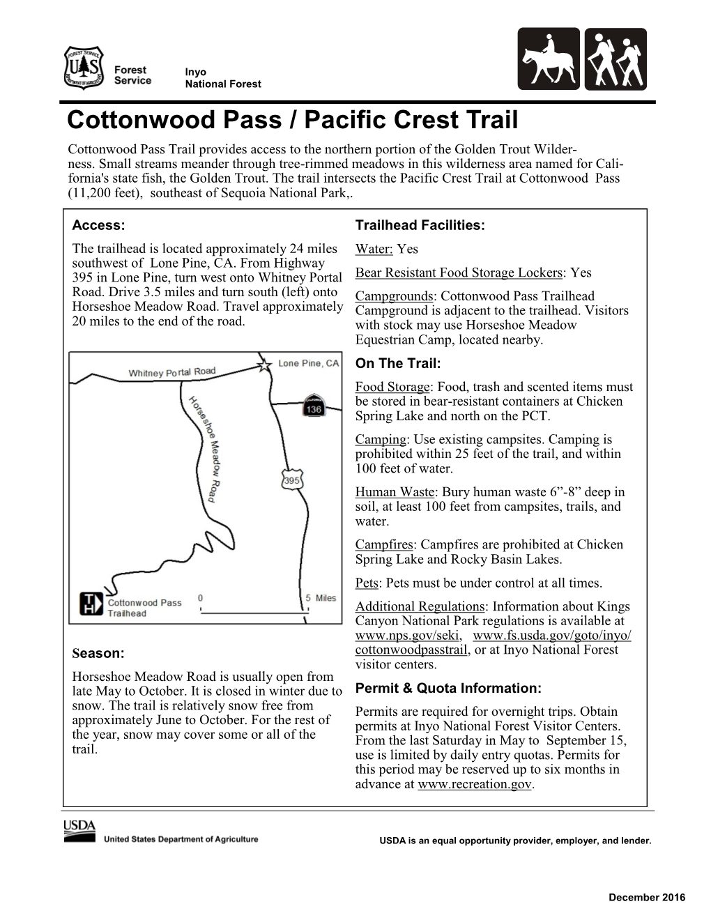 Cottonwood Pass / Pacific Crest Trail Cottonwood Pass Trail Provides Access to the Northern Portion of the Golden Trout Wilder- Ness