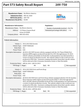 Part 573 Safety Recall Report 20V-750