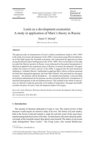 Lenin As a Development Economist: a Study in Application of Marx's Theory