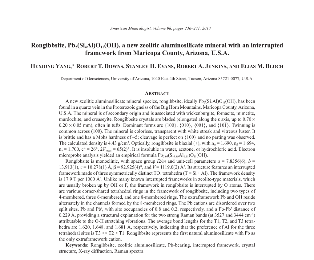 Rongibbsite, Pb2(Si4al)O11(OH), a New Zeolitic Aluminosilicate Mineral with an Interrupted Framework from Maricopa County, Arizona, U.S.A