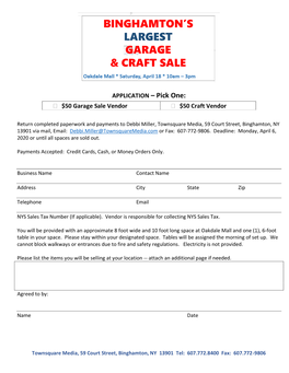 APPLICATION – Pick One:  $50 Garage Sale Vendor  $50 Craft Vendor