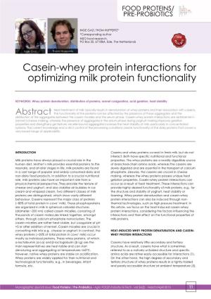Casein-Whey Protein Interactions for Optimizing Milk Protein Functionality